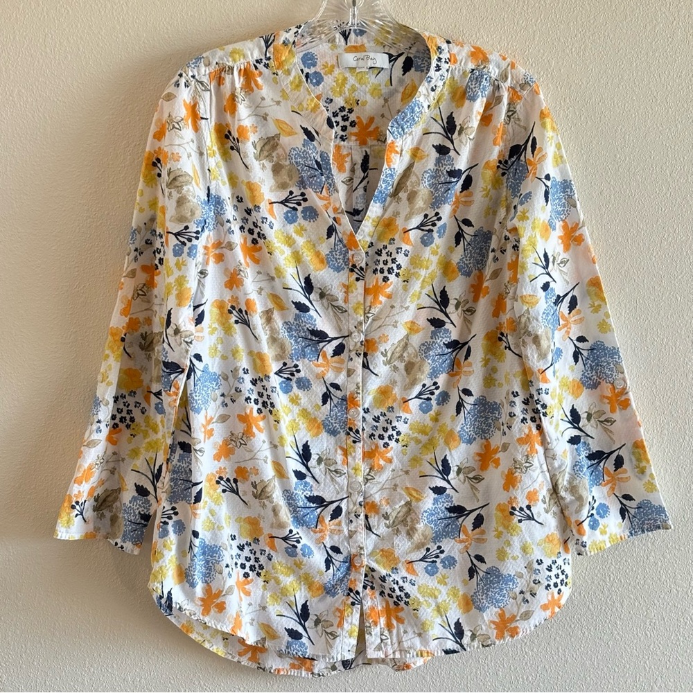 Coral Bay Women's Yellow and Blue Floral Long Sleeve Top SZ Large